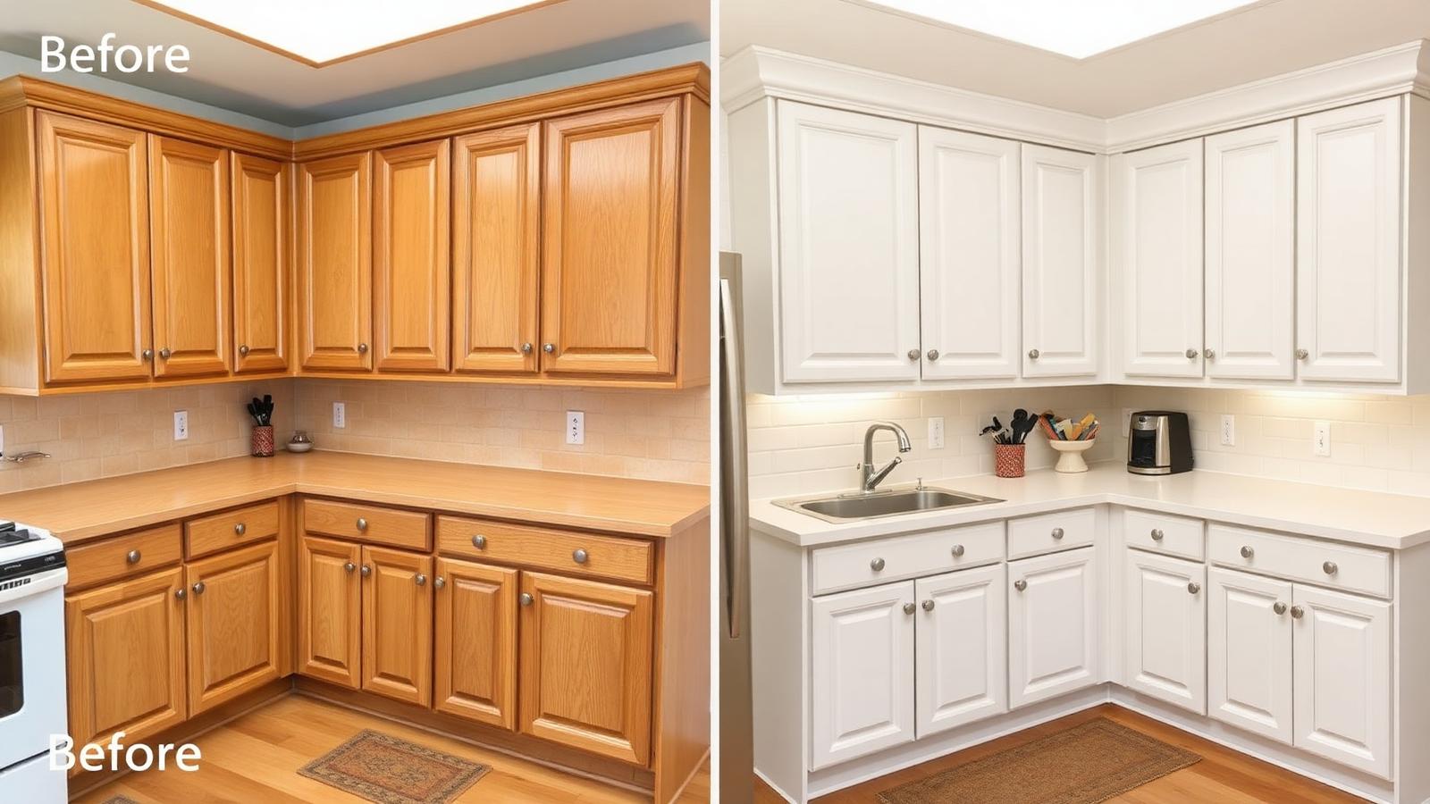 Before and after of oak kitchen cabinets repainted bright white